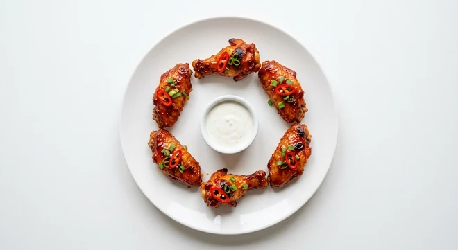 Pizza Express Firecracker Chicken Wings, six chicken wings in sticky firecracker sauce with red chilli around a ranch dip, nutrition and calories