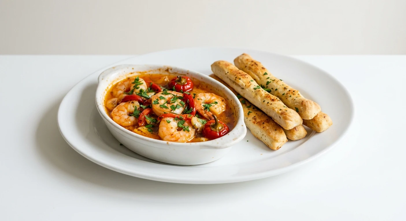 Pizza Express Cajun Prawns, prawns baked in Cajun garlic butter with roasted peppers and dough sticks on a white plate, nutrition and calories