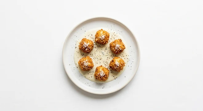 Pizza Express Truffle Cacio e Pepe Bites, six crispy pasta bites on blue cheese sauce with black pepper on a white plate, nutrition and calories