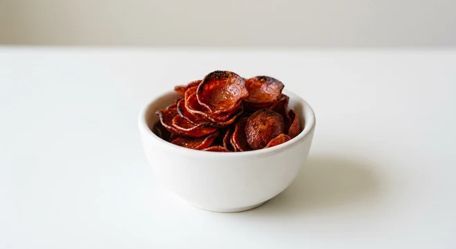 Pizza Express Pepperoni Bites, crisp oven-baked pepperoni slices in a white bowl, nutrition and calories