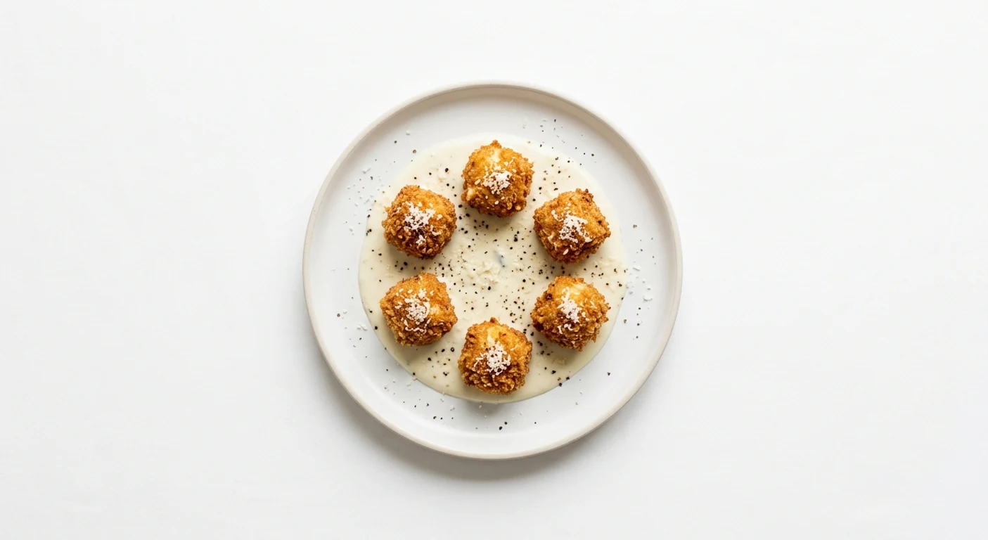 Pizza Express Truffle Cacio e Pepe Bites, six crispy pasta bites on blue cheese sauce with black pepper on a white plate, nutrition and calories