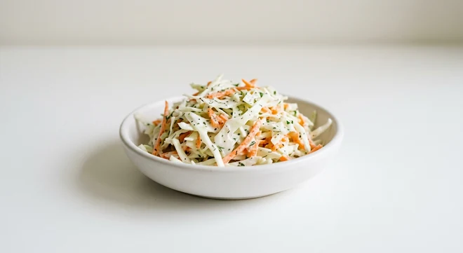 Pizza Express Buttermilk Ranch Slaw, shredded cabbage and carrot slaw in ranch dressing in a white bowl, nutrition and calories
