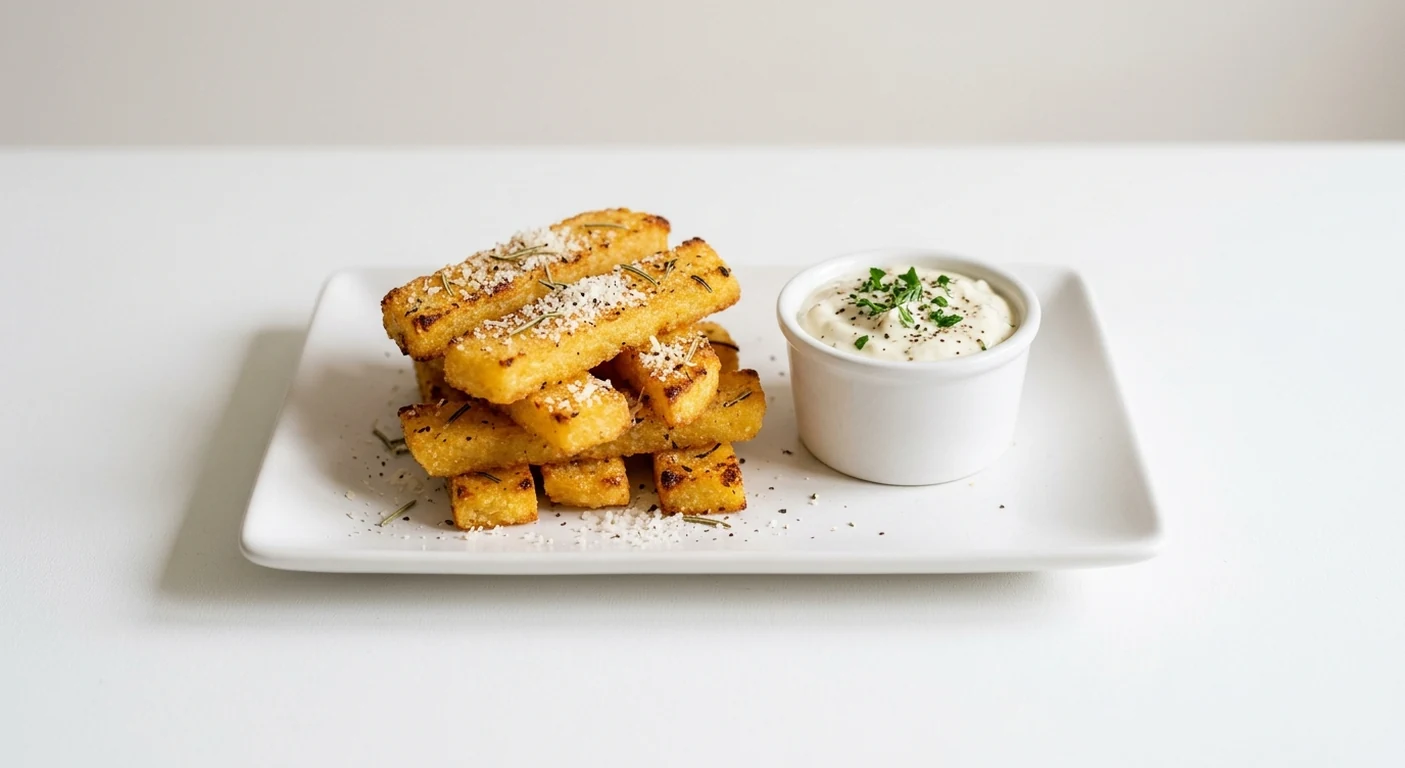 Pizza Express Polenta Chips, rosemary polenta chips with hard cheese and a garlic and herb dip on a white plate, nutrition and calories