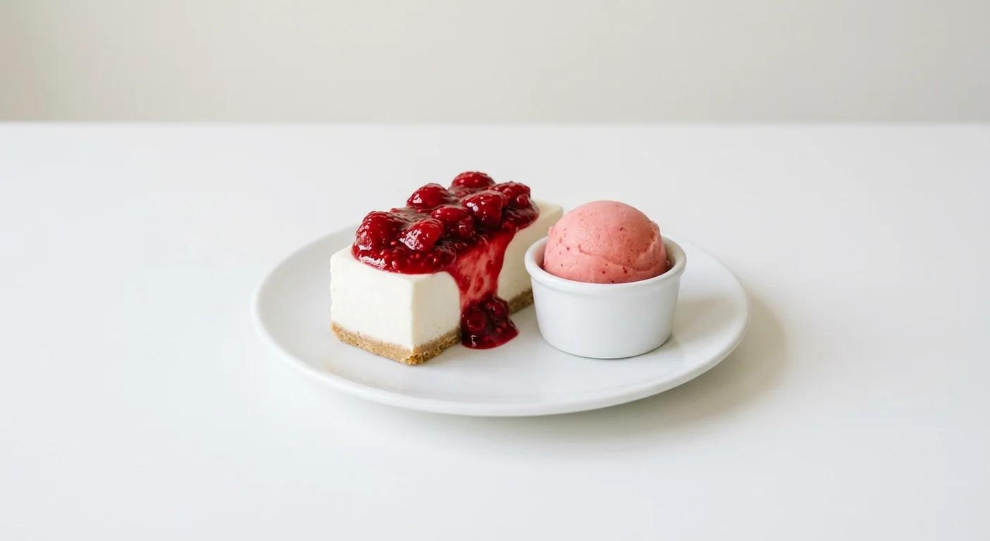 Zizzi Raspberry Collins Cheesecake, rectangular slice of vegan raspberry and gin cheesecake topped with raspberry compote, with strawberry sorbet, nutrition and calories
