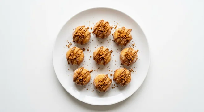 Zizzi Mini Biscoff Doughnuts x9, nine mini doughnuts with Biscoff sauce and crumb, nutrition and calories