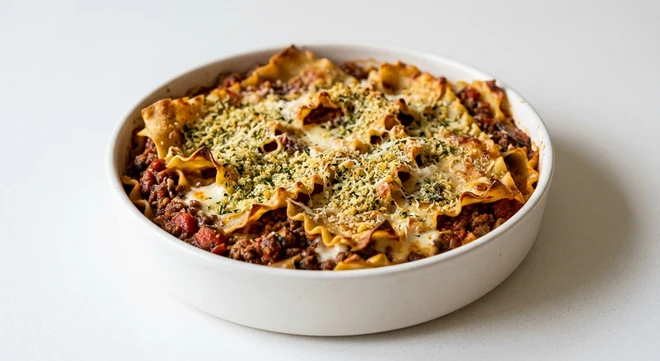 Pizza Express Lasagna Classica, ruffled lasagne sheets with beef and mushroom ragù, béchamel and a herby golden crumb in a white dish, nutrition and calories