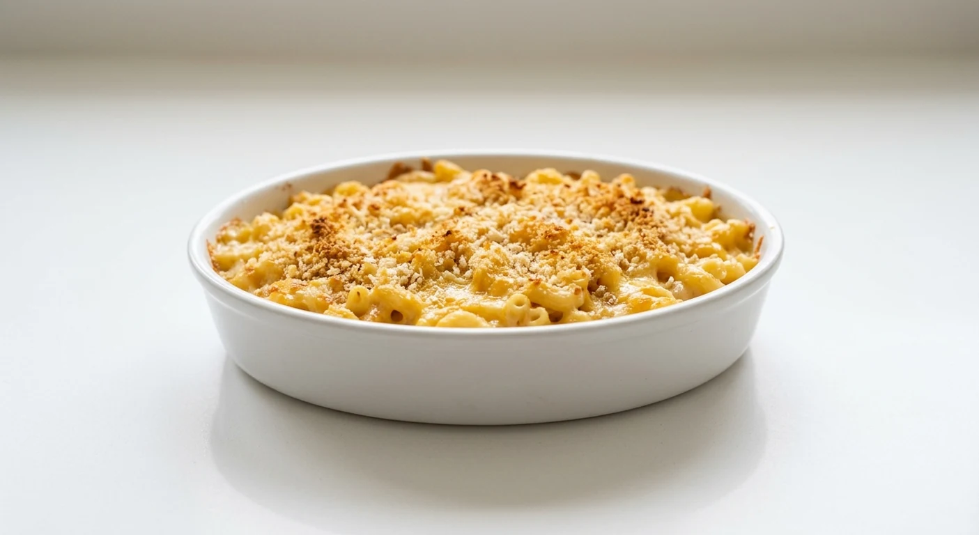 Pizza Express Mac & Cheese, baked macaroni in a three-cheese sauce with crisp breadcrumbs in a white dish, nutrition and calories