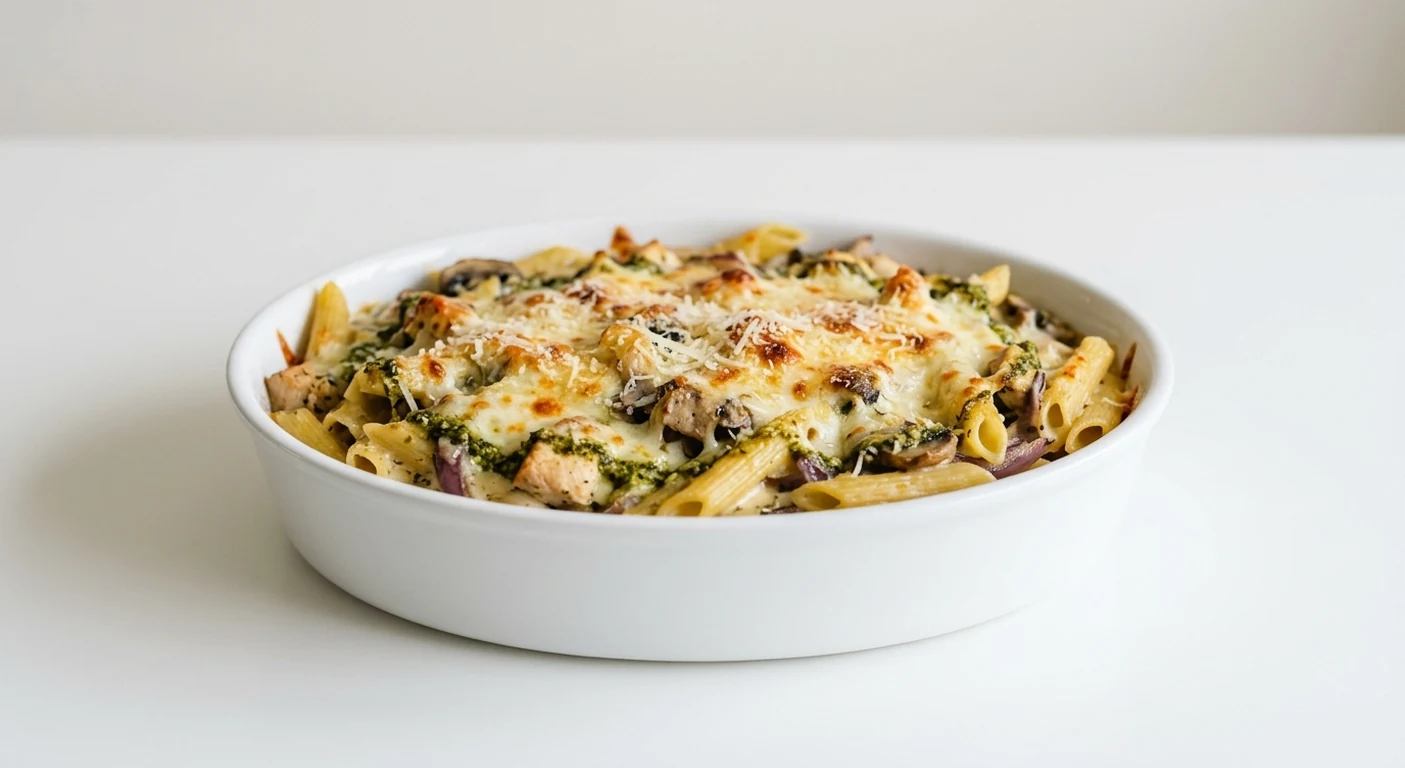 Pizza Express Pollo Pesto, baked penne with chicken, mushrooms, béchamel, pesto and mozzarella in a white dish, nutrition and calories