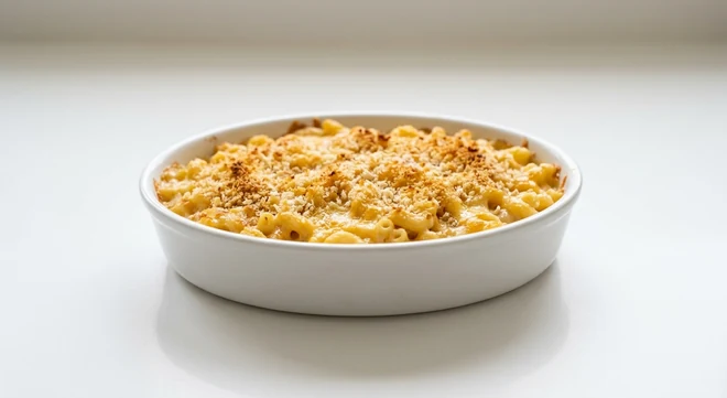 Pizza Express Mac & Cheese, baked macaroni in a three-cheese sauce with crisp breadcrumbs in a white dish, nutrition and calories