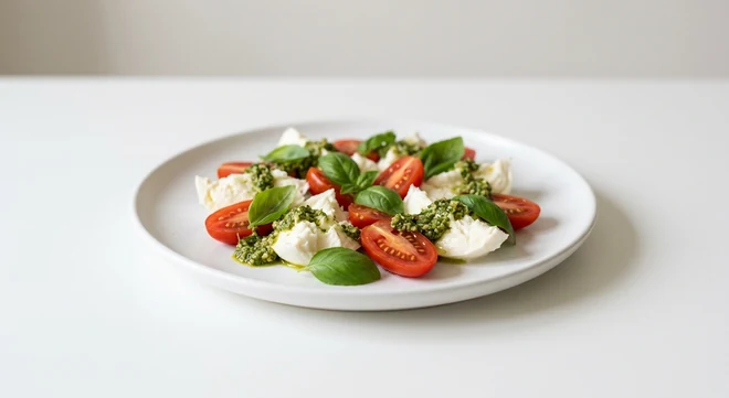 Pizza Express Caprese Salad, mozzarella, baby plum tomatoes, basil pesto and basil on a white plate, nutrition and calories