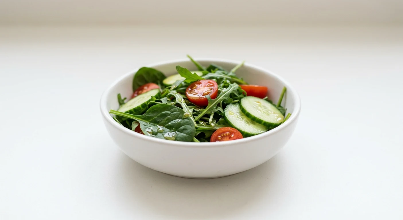 Pizza Express Mixed Leaf Salad, spinach, rocket, tomato and cucumber salad in a white bowl, nutrition and calories