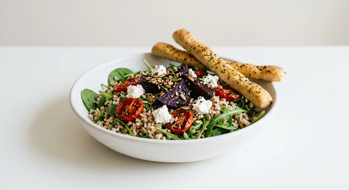 Pizza Express Goat's Cheese & Beetroot Buddha Bowl with Dough Sticks, grains, chickpeas, roasted beetroot, goat's cheese and tomatoes with dough sticks in a white bowl, nutrition and calories