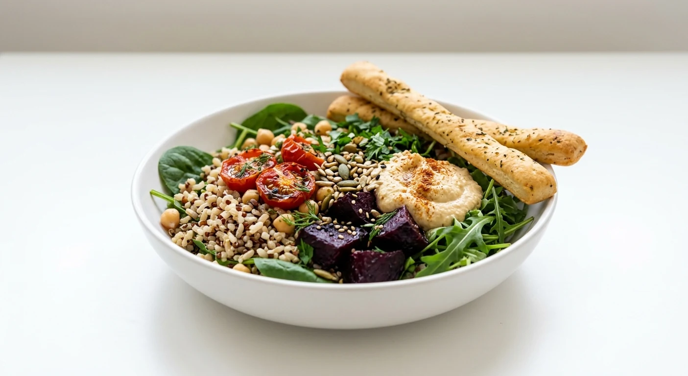 Pizza Express Vegan Buddha Bowl with Dough Sticks, grains, chickpeas, roasted beetroot, houmous and tomatoes with dough sticks in a white bowl, nutrition and calories