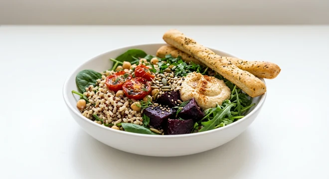 Pizza Express Vegan Buddha Bowl with Dough Sticks, grains, chickpeas, roasted beetroot, houmous and tomatoes with dough sticks in a white bowl, nutrition and calories