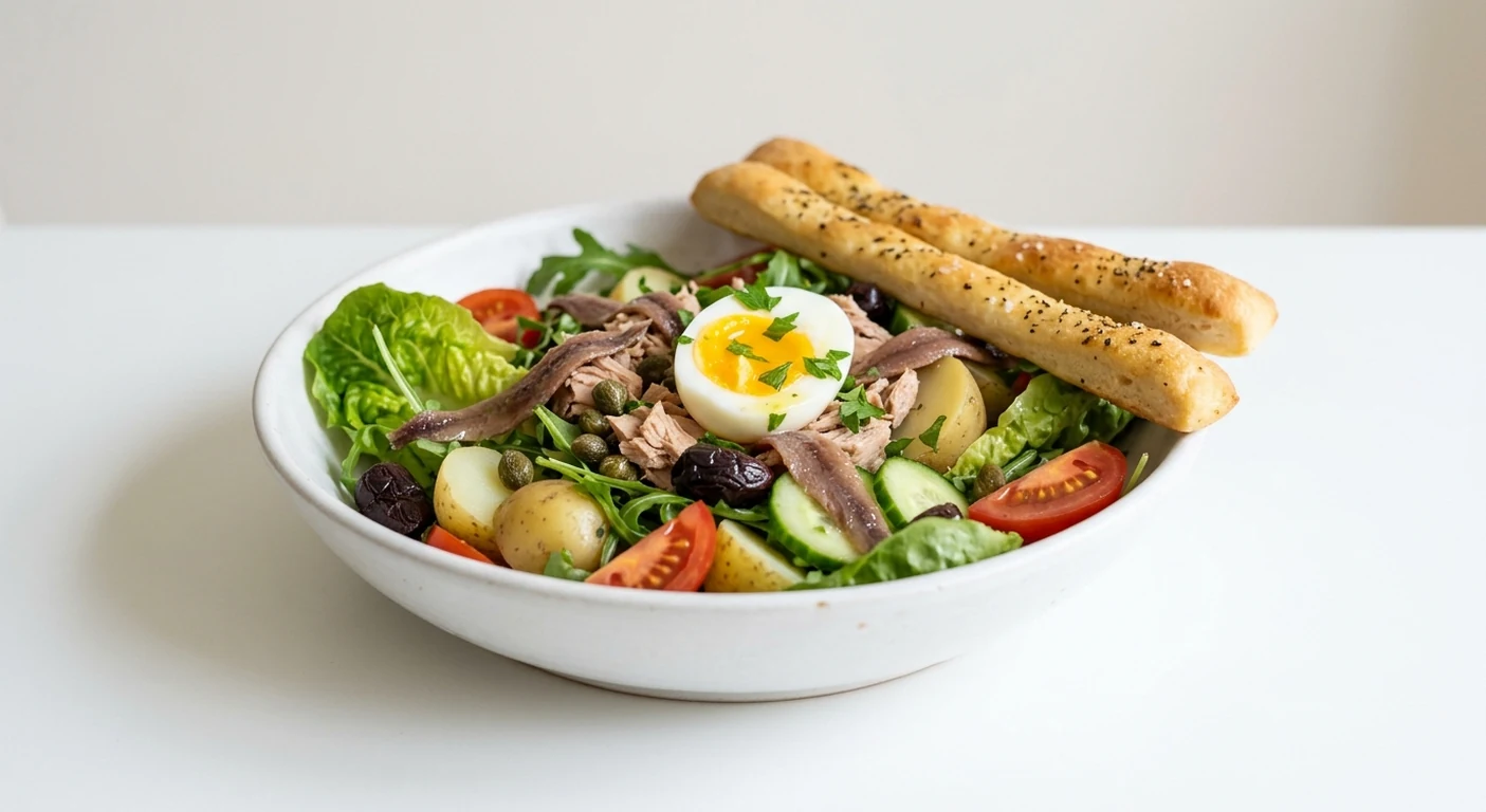 Pizza Express Niçoise Salad with Dough Sticks, tuna, anchovies, egg, new potatoes, olives and salad leaves with dough sticks in a white bowl, nutrition and calories