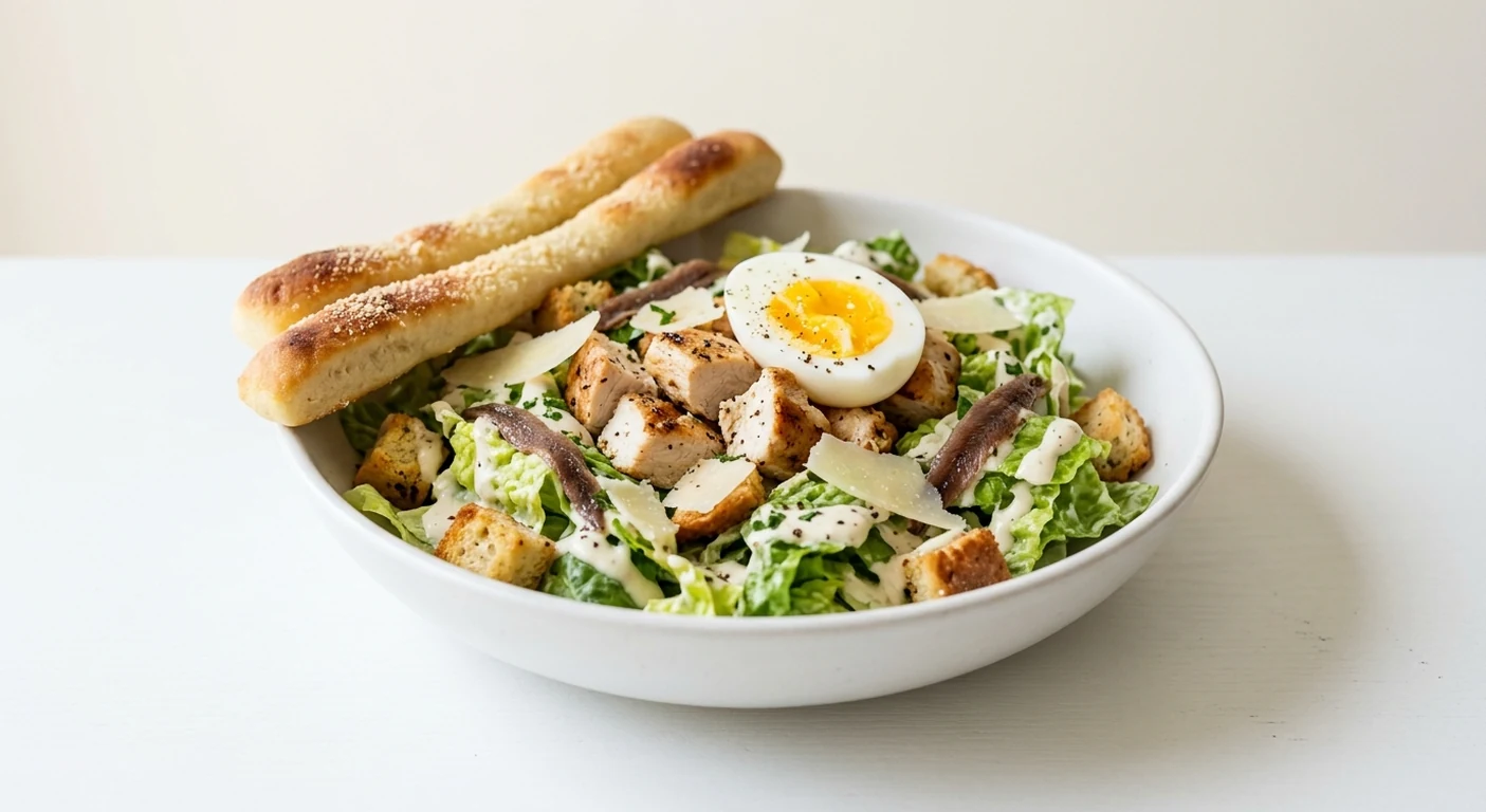 Pizza Express Grand Chicken Caesar Salad with Dough Sticks, Cos lettuce, chicken, anchovies, croutons, egg and hard cheese with dough sticks in a white bowl, nutrition and calories