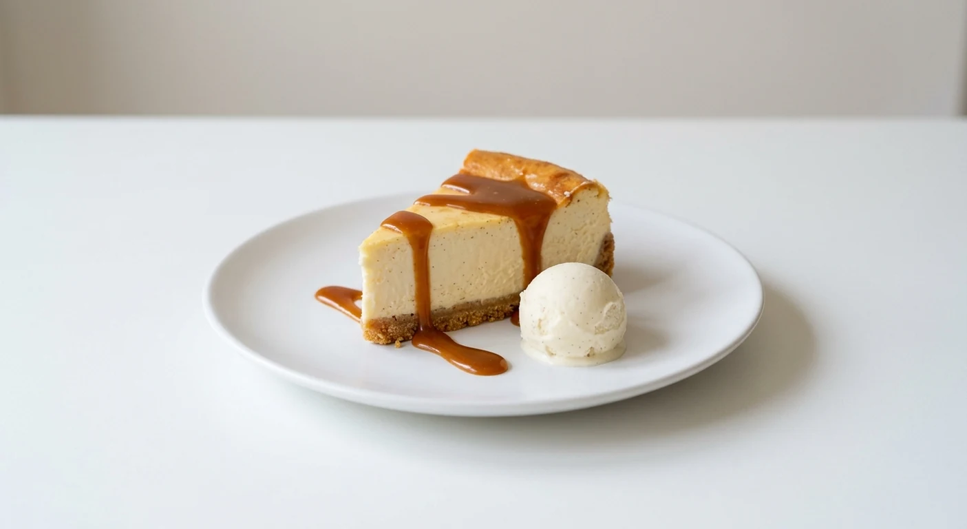 Pizza Express Baked Vanilla Cheesecake, slice of baked vanilla cheesecake with salted caramel sauce and vanilla gelato on a white plate, nutrition and calories