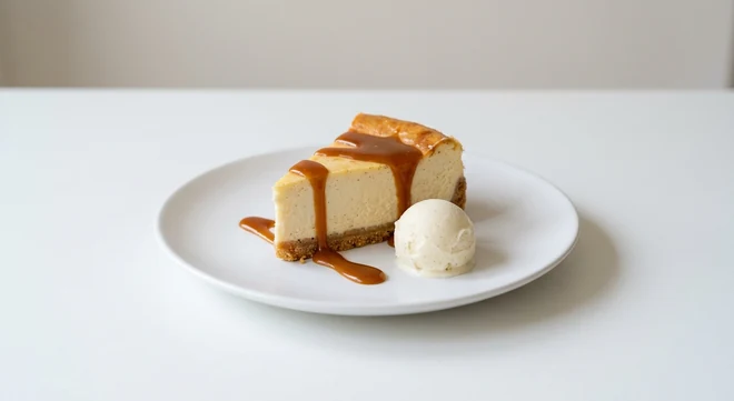 Pizza Express Baked Vanilla Cheesecake, slice of baked vanilla cheesecake with salted caramel sauce and vanilla gelato on a white plate, nutrition and calories