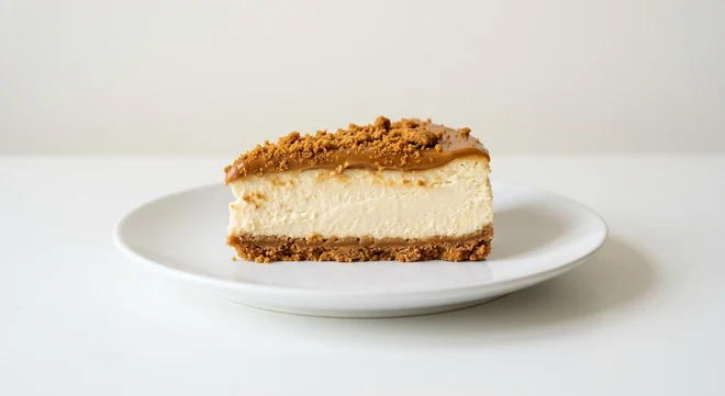 Pizza Express Biscoff Cheesecake, slice of cheesecake with caramelised biscuit spread and crumb on a white plate, nutrition and calories