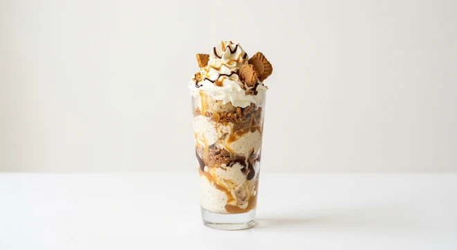 Pizza Express Biscoff Billionaire's Sundae, sundae of vanilla and salted caramel gelato, caramelised biscuit, chocolate sauce and whipped cream in a glass, nutrition and calories
