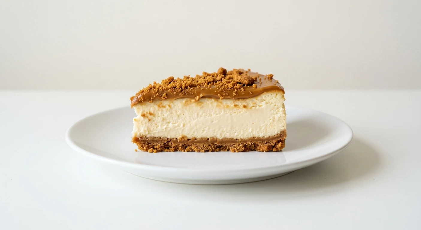 Pizza Express Biscoff Cheesecake, slice of cheesecake with caramelised biscuit spread and crumb on a white plate, nutrition and calories