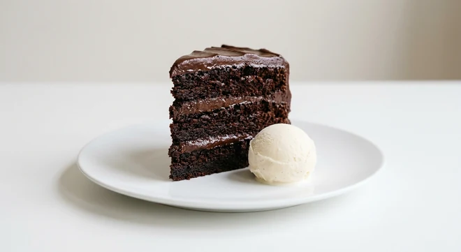 Pizza Express Chocolate Fudge Cake, slice of layered chocolate fudge cake with vanilla gelato on a white plate, nutrition and calories