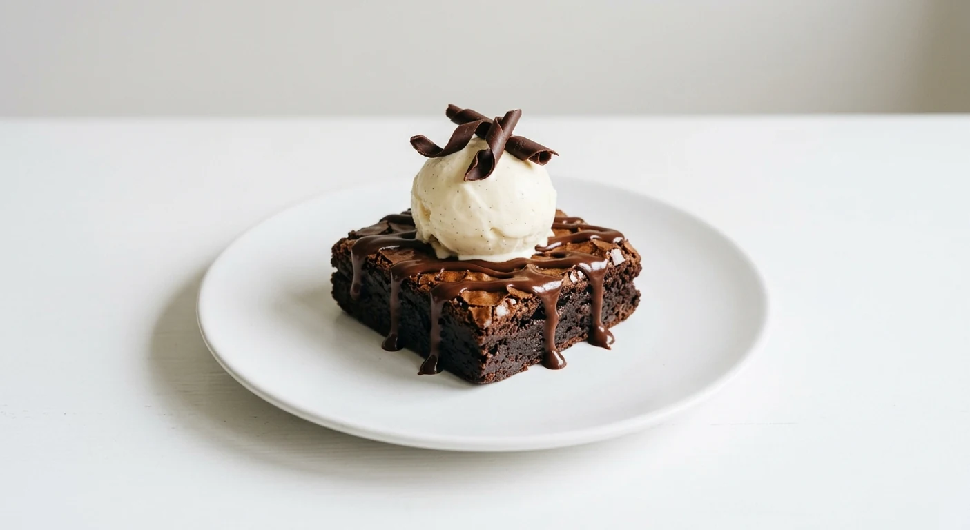 Pizza Express Double Belgian Chocolate Brownie, warm chocolate brownie with chocolate sauce, vanilla gelato and chocolate twists on a white plate, nutrition and calories