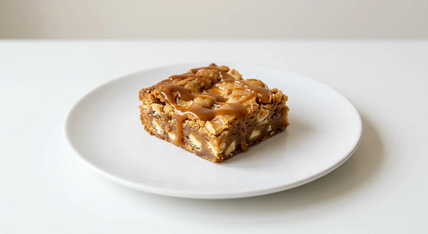 Pizza Express White Chocolate Blondie, square of white chocolate blondie with salted caramel drizzle on a white plate, nutrition and calories