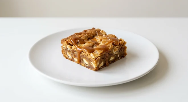 Pizza Express White Chocolate Blondie, square of white chocolate blondie with salted caramel drizzle on a white plate, nutrition and calories