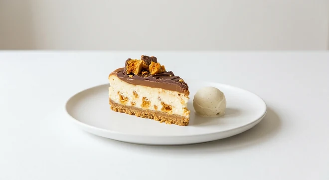 Pizza Express Honeycomb & Caramel Cream Slice, slice of honeycomb and caramel cheesecake with chocolate topping and vanilla gelato on a white plate, nutrition and calories