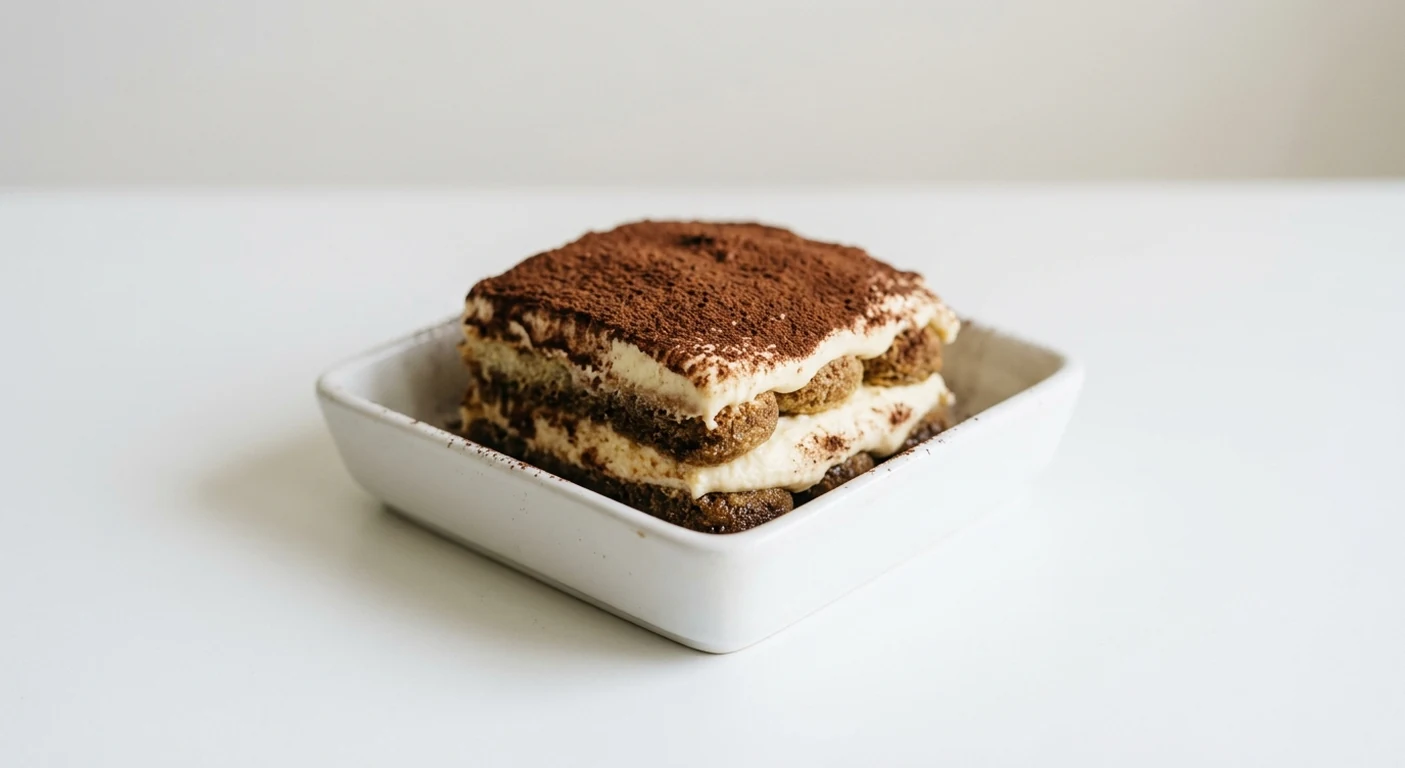 Pizza Express Tiramisu, layered tiramisu dusted with cocoa in a white dish, nutrition and calories