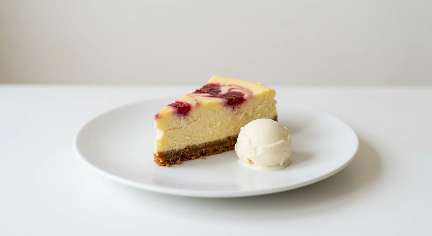 Pizza Express Lemon & Raspberry Cheesecake, slice of lemon cheesecake with raspberry swirl and vanilla gelato on a white plate, nutrition and calories