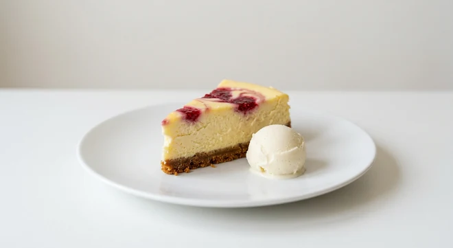Pizza Express Lemon & Raspberry Cheesecake, slice of lemon cheesecake with raspberry swirl and vanilla gelato on a white plate, nutrition and calories