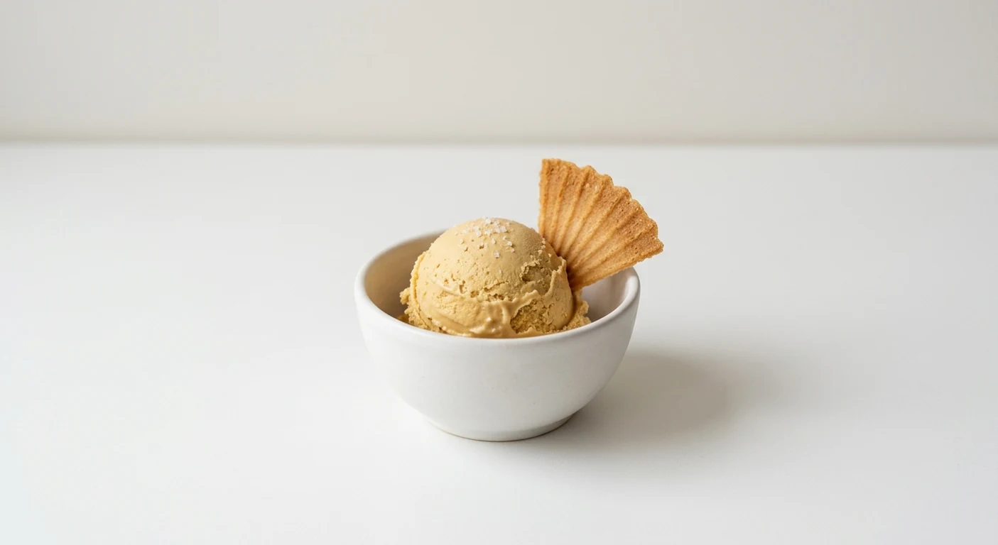 Pizza Express Salted Caramel Gelato (1 scoop), one scoop of salted caramel gelato with a wafer in a white bowl, nutrition and calories