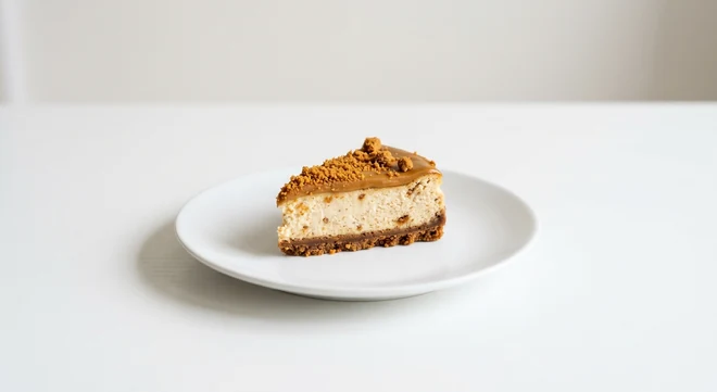 Pizza Express Dolcetti Biscoff Cheesecake, petite slice of cheesecake with caramelised biscuit spread on a white plate, nutrition and calories