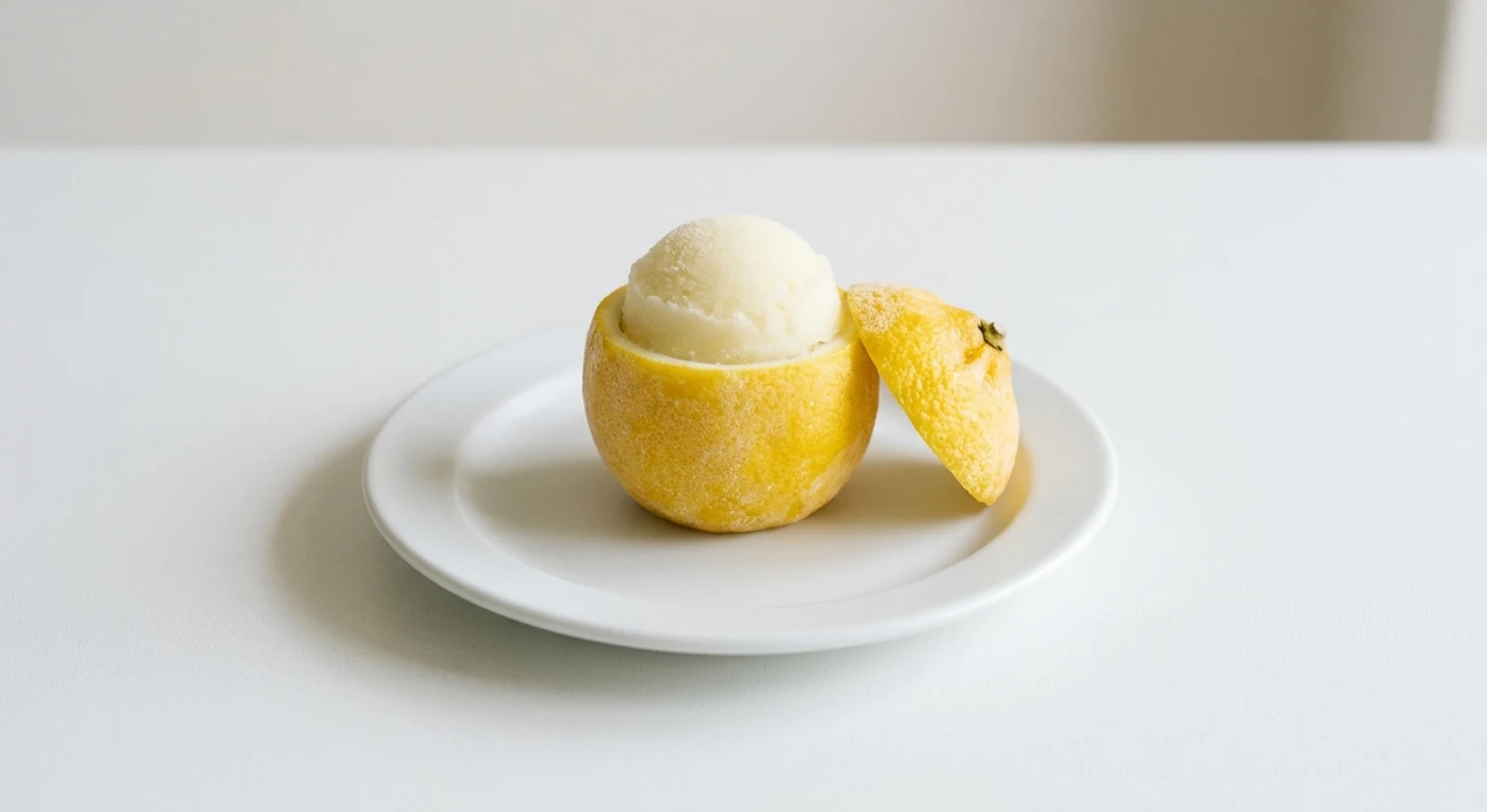 Pizza Express Sicilian Lemon Delight, lemon sorbet served in a hollowed-out lemon on a white plate, nutrition and calories