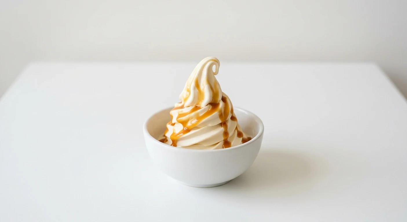 Pizza Express Soft Serve - Salted Caramel, swirl of vanilla soft serve with salted caramel sauce in a white bowl, nutrition and calories