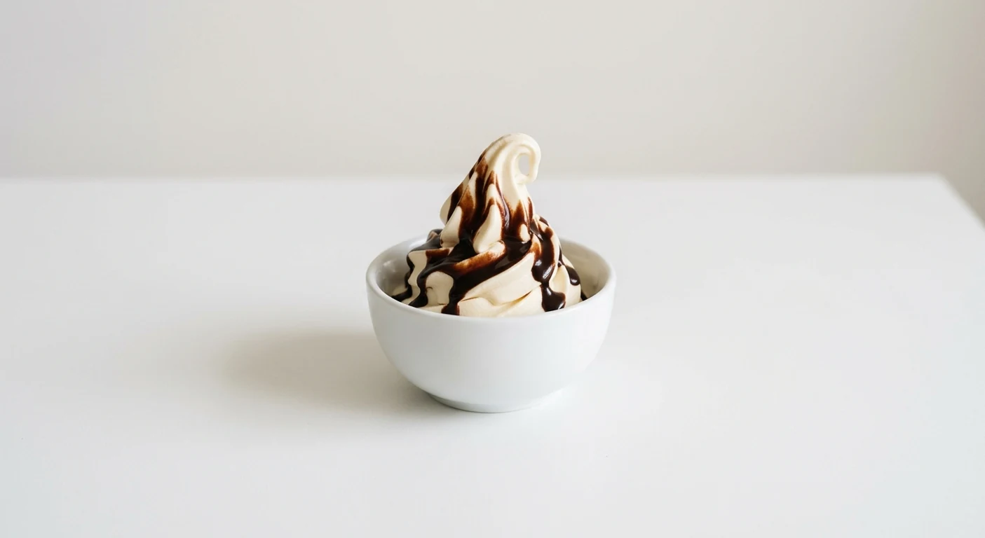 Pizza Express Soft Serve - Chocolate, swirl of vanilla soft serve with chocolate sauce in a white bowl, nutrition and calories
