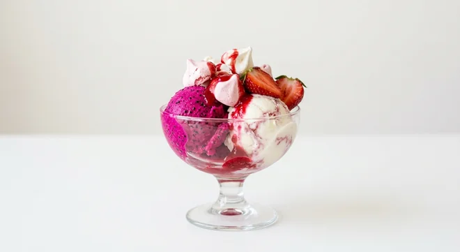 Zizzi Dragon Fruit & Wild Strawberry Sundae, dragon fruit sorbet and wild strawberry gelato sundae with meringue and berry coulis in a glass coupe, nutrition and calories