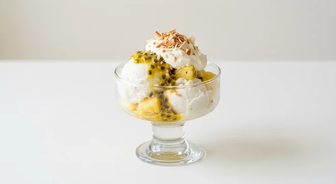 Zizzi Tropical Piña Colada Sundae, coconut gelato and pineapple sundae with passion fruit and toasted coconut in a glass coupe, nutrition and calories
