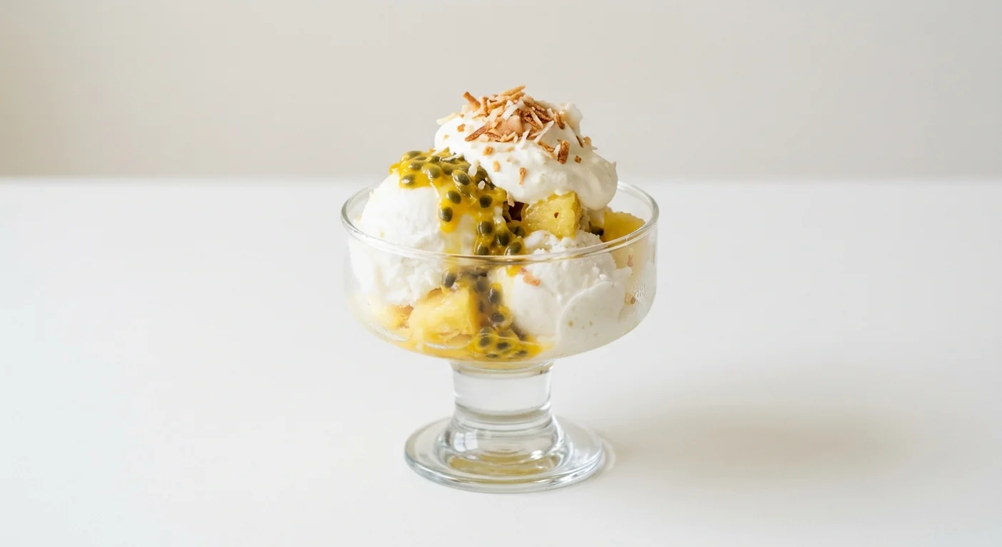 Zizzi Tropical Piña Colada Sundae, coconut gelato and pineapple sundae with passion fruit and toasted coconut in a glass coupe, nutrition and calories