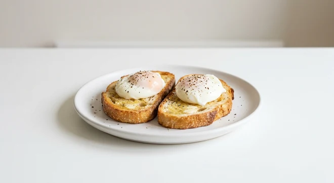 Pizza Express Eggs on Bruschetta, two poached eggs on buttered baked bruschetta on a white plate, nutrition and calories