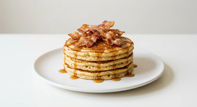 Pizza Express Pancetta & Maple Syrup Pancakes, three fluffy pancakes with crispy pancetta and maple syrup on a white plate, nutrition and calories
