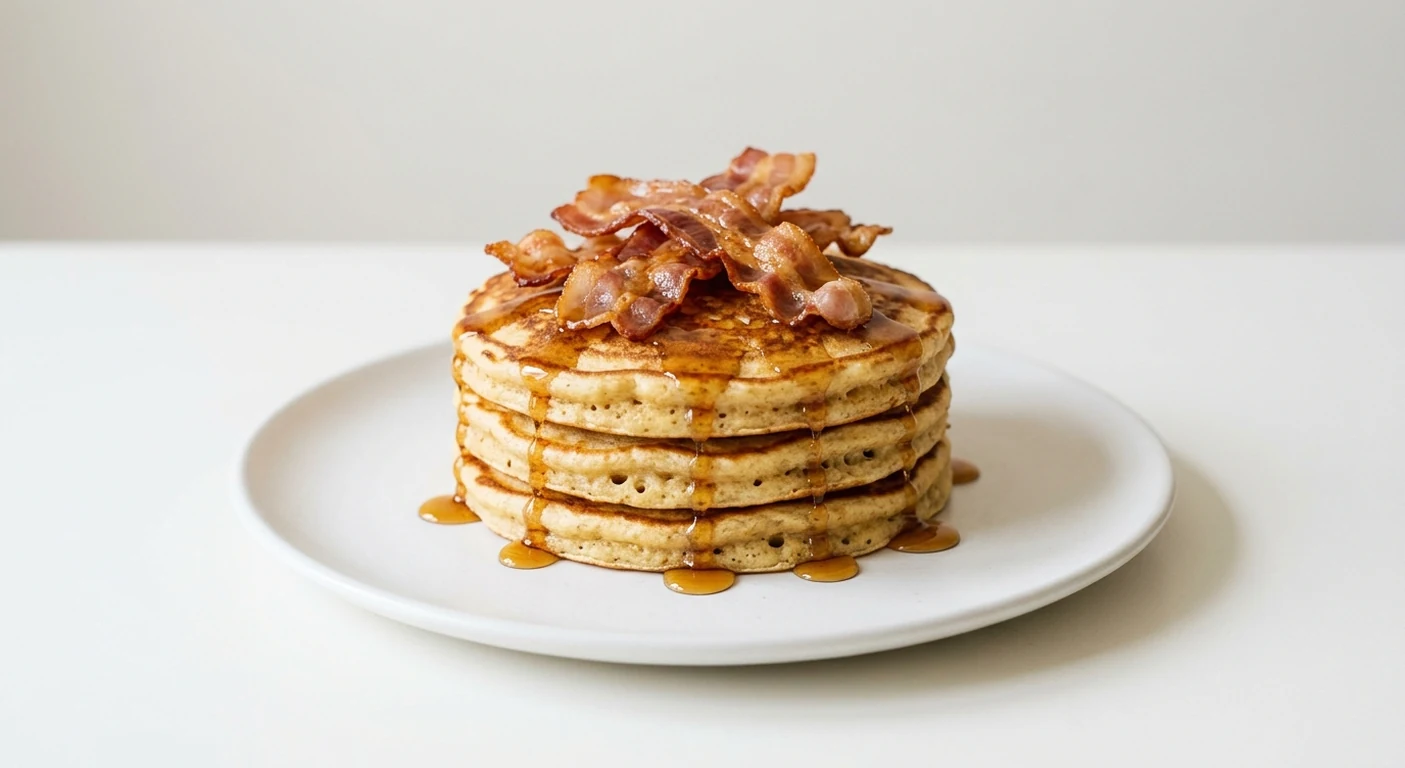 Pizza Express Pancetta & Maple Syrup Pancakes, three fluffy pancakes with crispy pancetta and maple syrup on a white plate, nutrition and calories