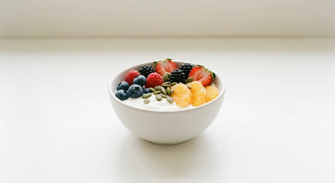 Pizza Express Fresh Fruit & Yoghurt Bowl, natural yoghurt with fresh berries, orange and pumpkin seeds in a white bowl, nutrition and calories