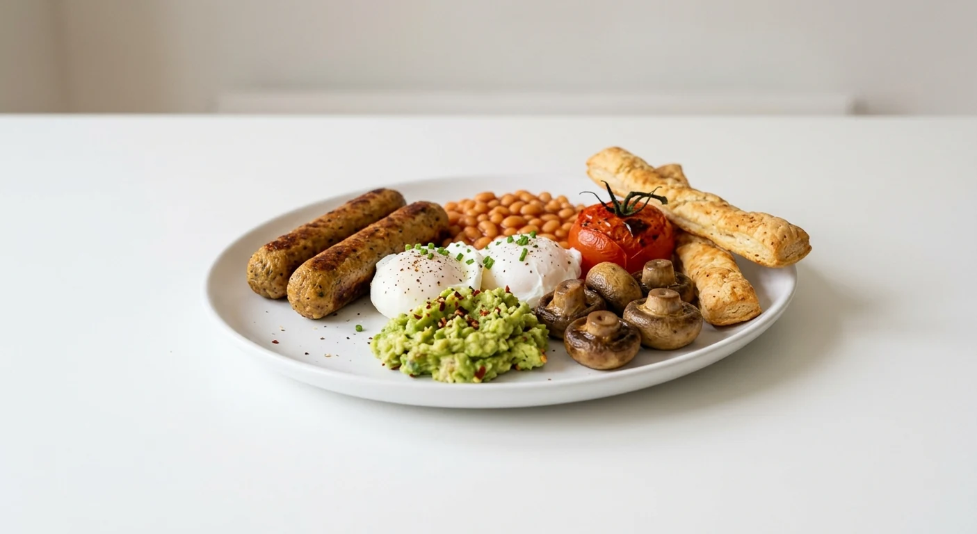 Pizza Express The Full Veggie, vegetarian sausages, poached eggs, avocado, beans, mushrooms, vine tomato and dough sticks on a white plate, nutrition and calories