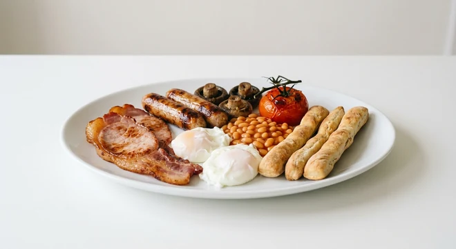 Pizza Express The Full Works, bacon, pork sausages, poached eggs, beans, mushrooms, vine tomato and dough sticks on a white plate, nutrition and calories