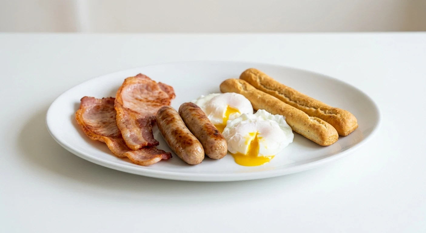 Pizza Express The Light Works, bacon, pork sausages, poached eggs and dough sticks on a white plate, nutrition and calories