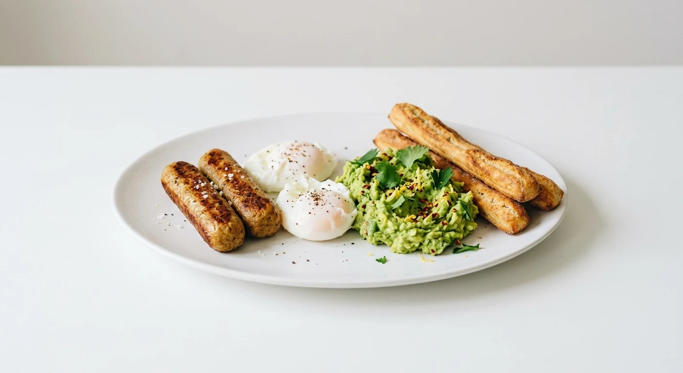 Pizza Express The Light Veggie, vegetarian sausages, poached eggs, smashed avocado and dough sticks on a white plate, nutrition and calories