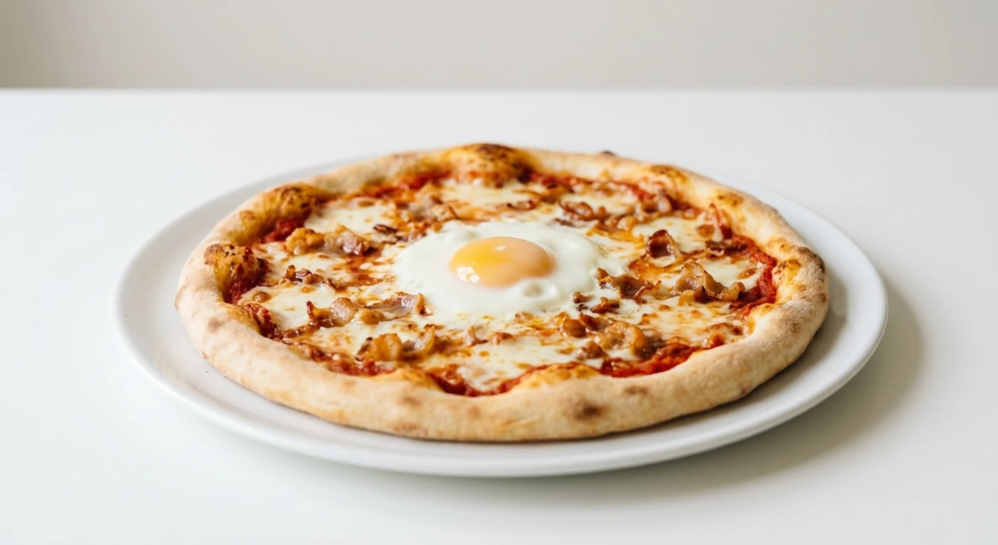 Pizza Express Italian Bacon & Egg Breakfast Pizza (Classic), round pizza with crispy pancetta, a baked egg, tomato and mozzarella on a white plate, nutrition and calories